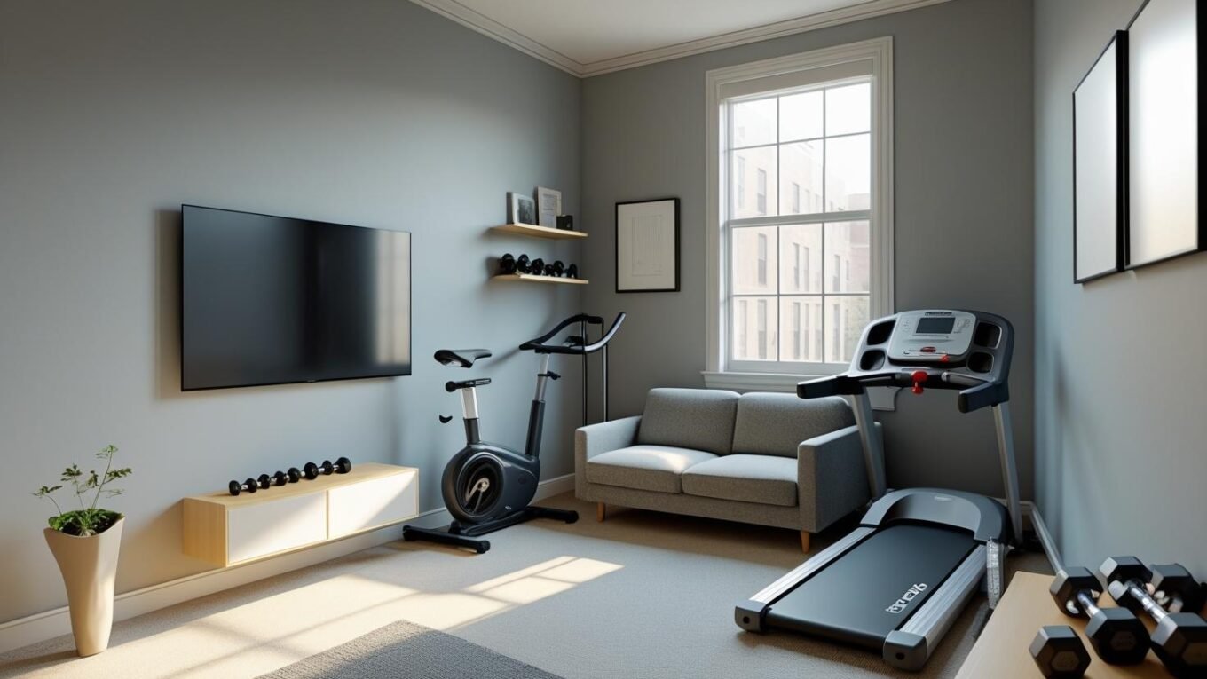 Compact apartment living room with home workout equipment from Amazon – space-saving fitness gear for small spaces, perfect for apartment gyms