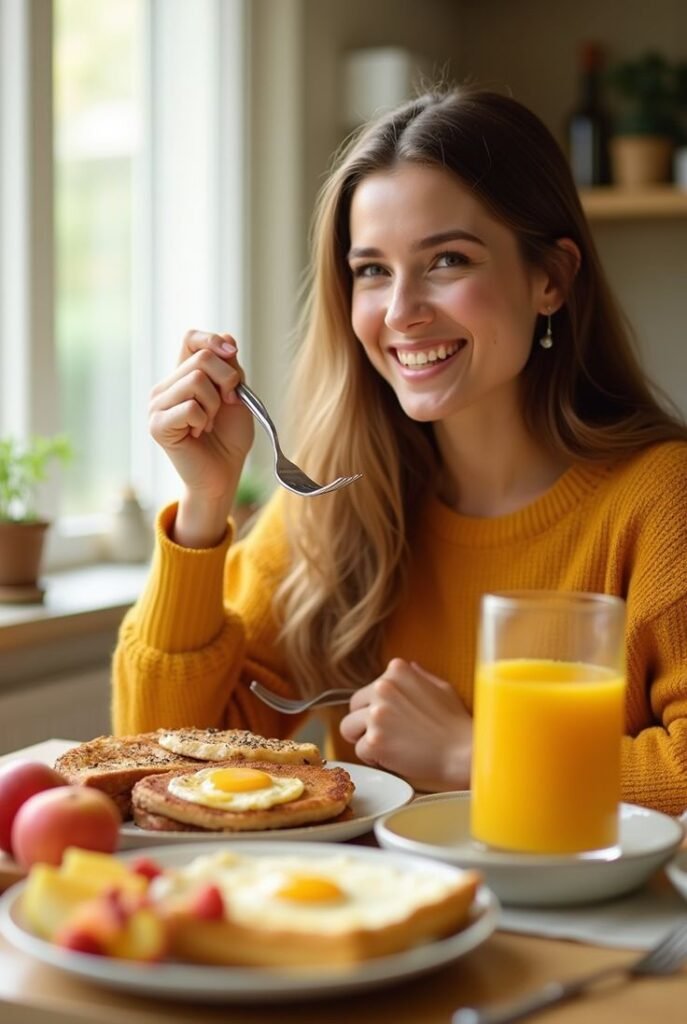 Healthy morning routine — woman enjoying a nutritious breakfast with fruits, whole grains, and protein to support weight loss, metabolism boost, and energy for the day.