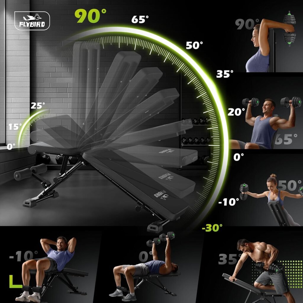 Woman doing strength training at home on an adjustable weight bench – full body workout in a small home gym setup