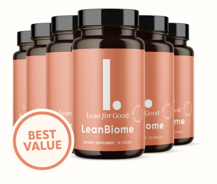 LeanBiome probiotic weight loss supplement bottle on a clean white surface. Gut health formula with natural ingredients to support digestion, reduce bloating, and promote healthy fat burning. Ideal for women and men looking for a science-backed weight management solution.
