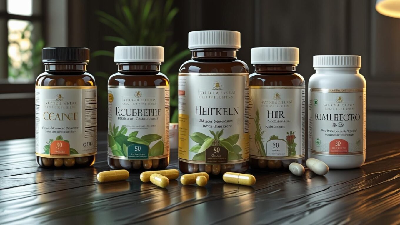 Top 5 weight loss supplements displayed on a wooden table — Mitolyn, HepatoBurn, LeanBiome, Gluco6, and Negano Tonic. Natural fat-burning formulas for boosting metabolism, supporting digestion, and promoting healthy weight management. Perfect for health-conscious individuals looking for effective weight loss support.