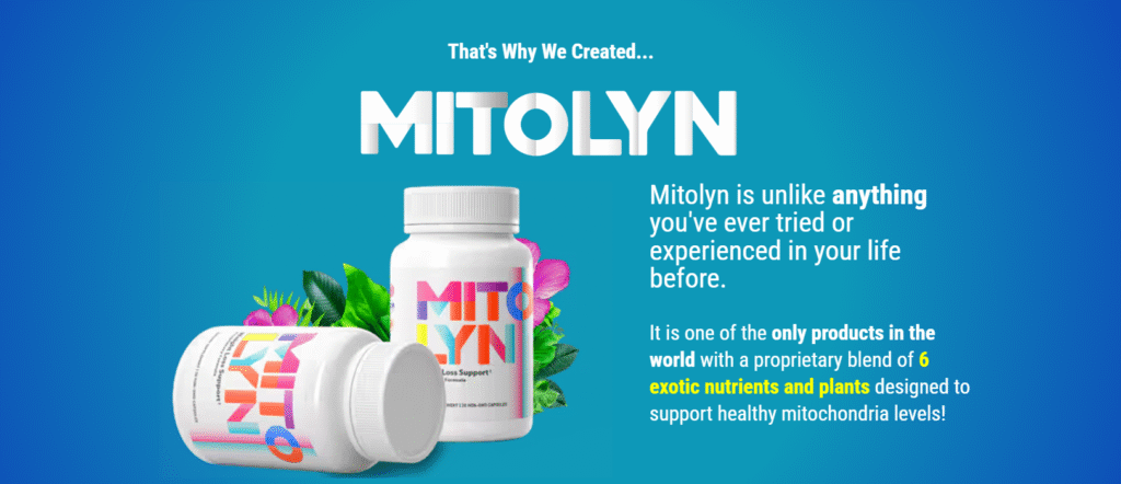 Bottle of MITOLYN mitochondrial fat burner supplement placed on a clean white background. A top-rated energy-boosting and weight loss supplement designed to enhance metabolism and support cellular fat burning. Ideal for adults looking to improve energy levels and burn stubborn fat.