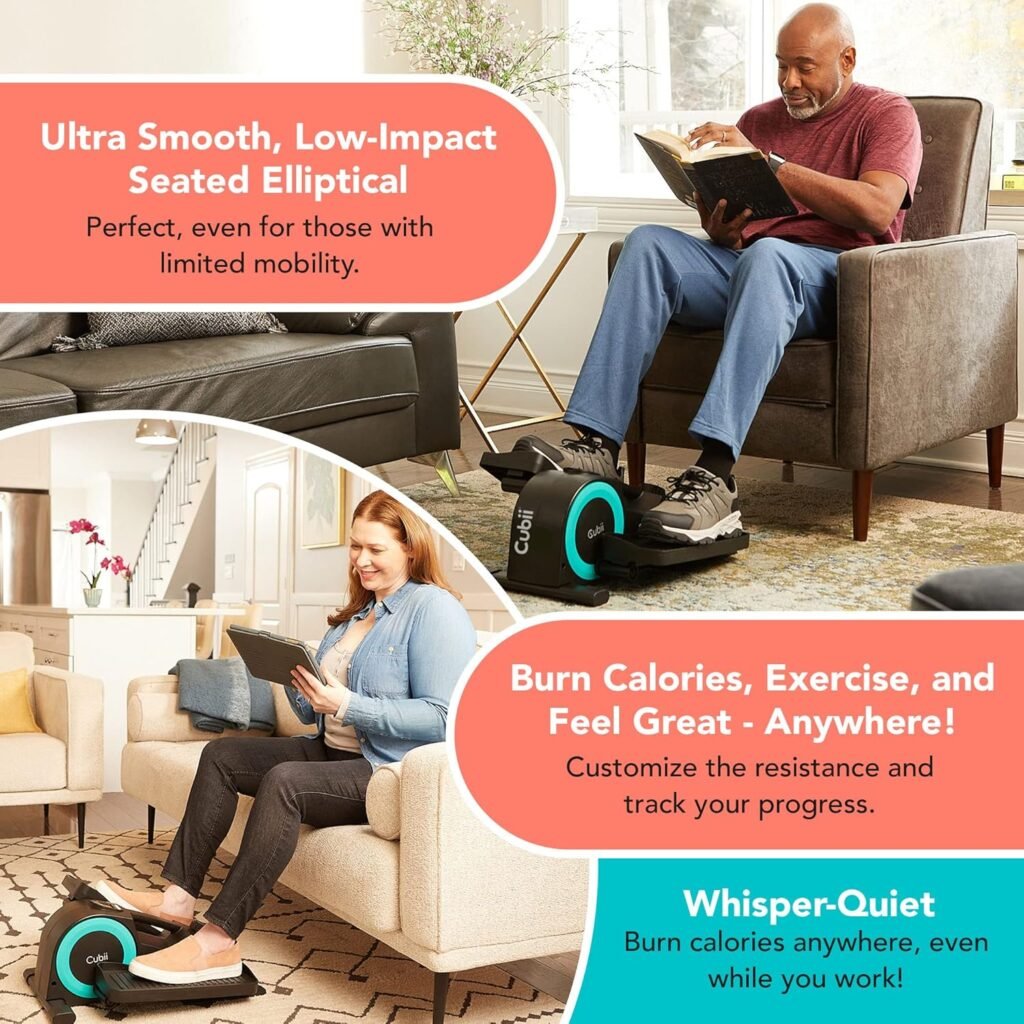 Woman using mini elliptical machine at home – compact cardio equipment for indoor fitness and weight loss