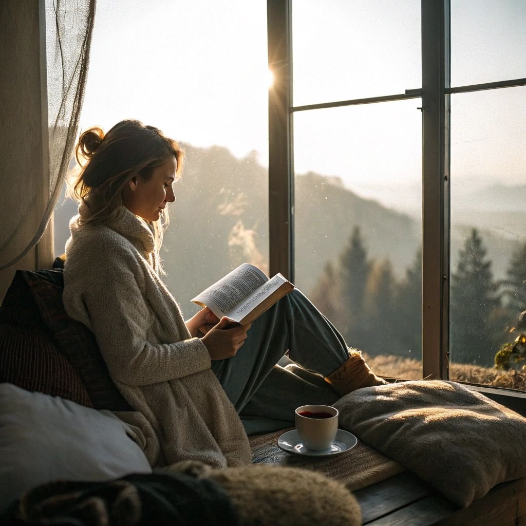 Peaceful morning moment — woman reading a book by the window with sunlight streaming in, embracing self-care, mindfulness, and a calm start to the day.