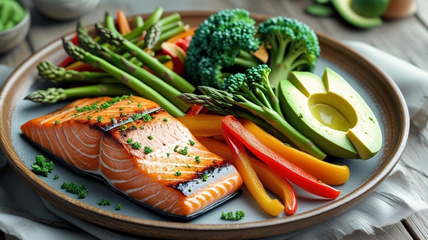 Keto diet plate with grilled chicken, avocado slices, leafy greens, and roasted vegetables, showcasing a balanced low-carb, high-fat meal for weight loss