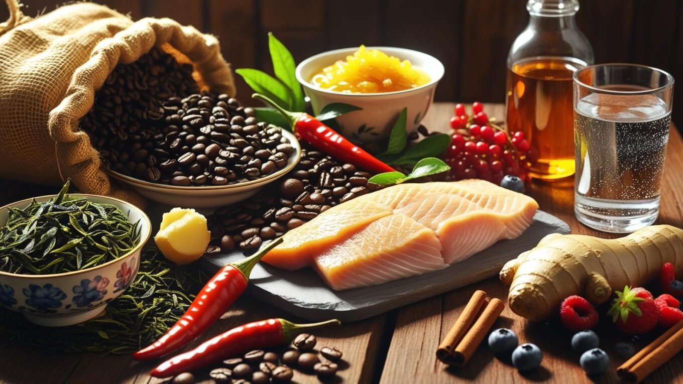Top 10 fat-burning foods including green tea, chili peppers, lean protein, and coconut oil displayed on a wooden table, symbolizing natural metabolism boosters for weight loss.