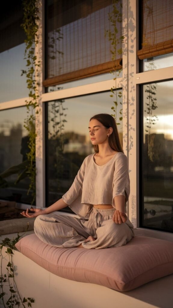 Young woman doing morning yoga under the sunrise — natural sunlight exposure for circadian rhythm balance, improved mood, and healthy metabolism support.